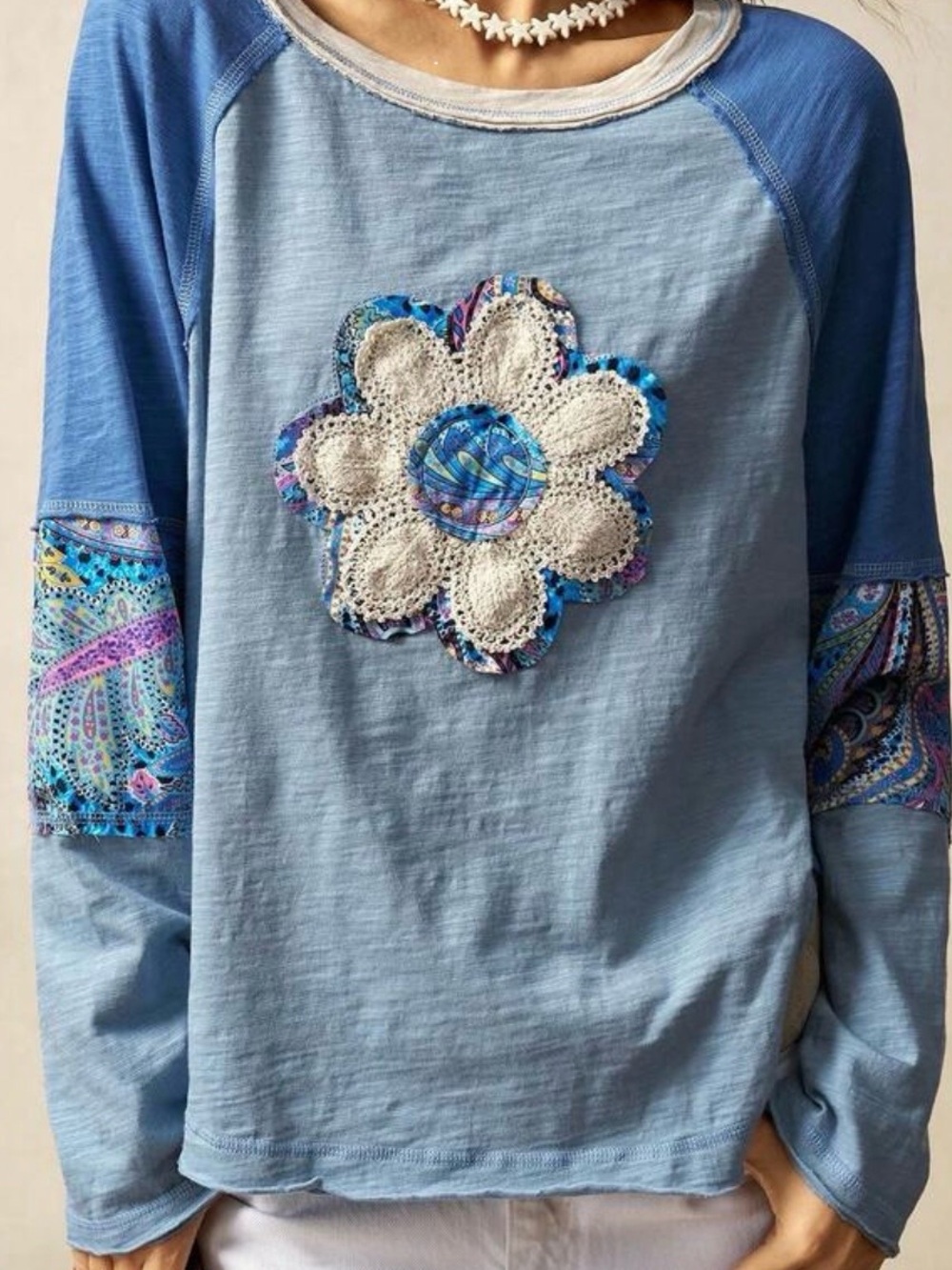 Blue Floral Appliqué Raglan Long Sleeve Tee NWOT